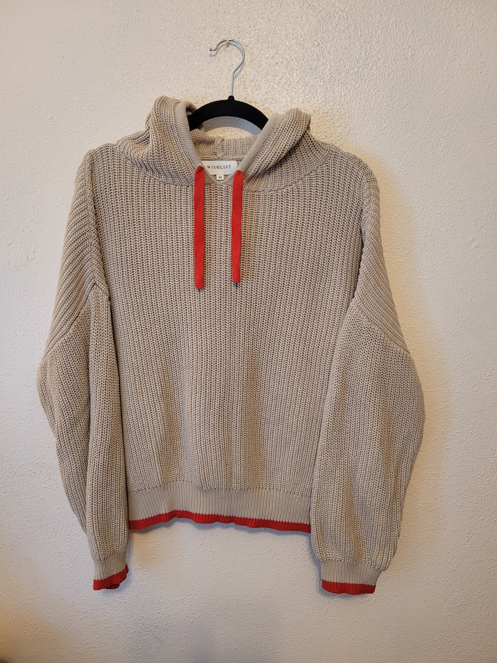 Wishlist Chunky Knit Hooded Sweater Beige Red Trim 100% Cotton Medium